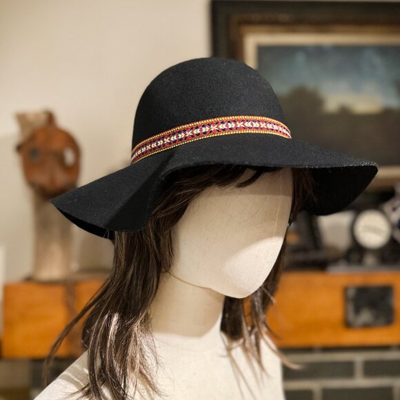 Black 100% Wool Wide Brim Hat Women's World Market Southwestern Band - Picture 6 of 6